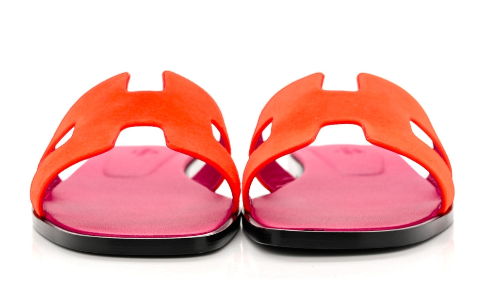 HERMES Suede Goatskin Oran Sandals Orange Synthetique