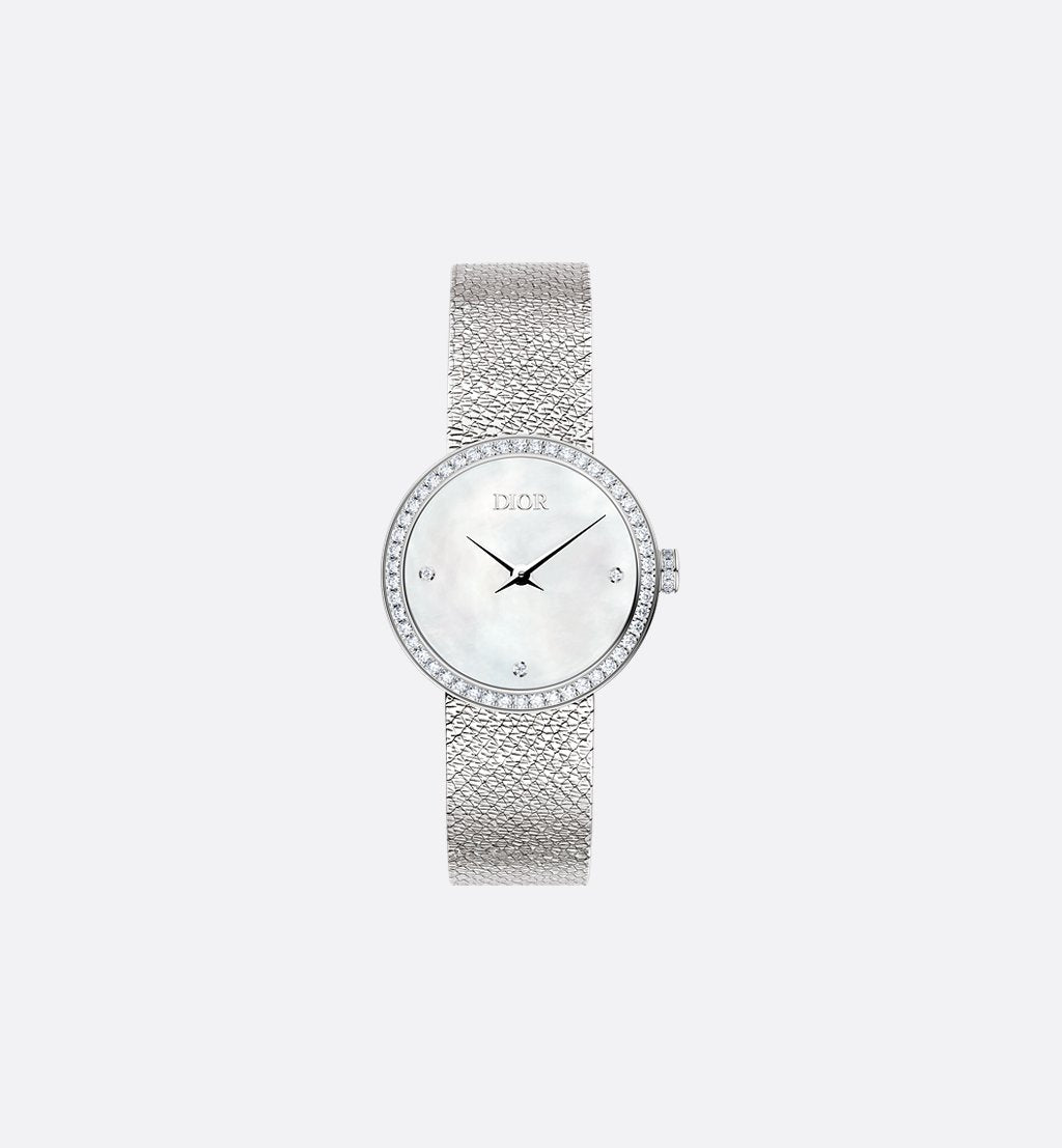La D de Dior Satine Ø 25 MM, Steel, White Mother-Of-Pearl | Women's